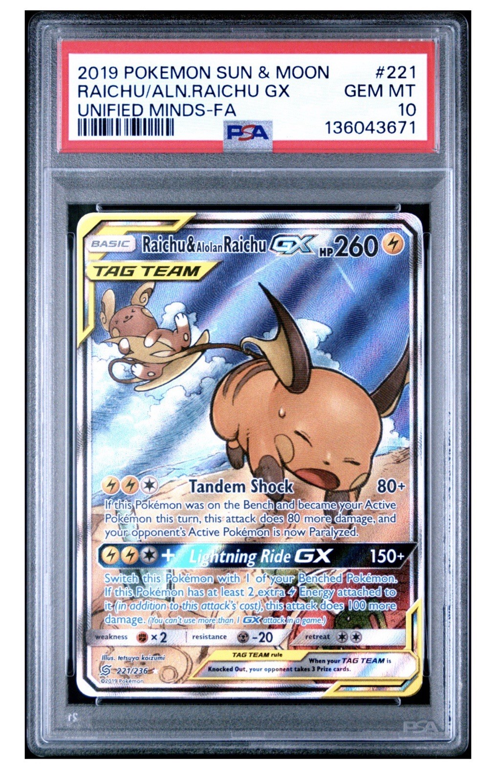 Raichu & Alolan Raichu GX (Alternate Full Art) 221/236 Sm-Unified Minds Holo