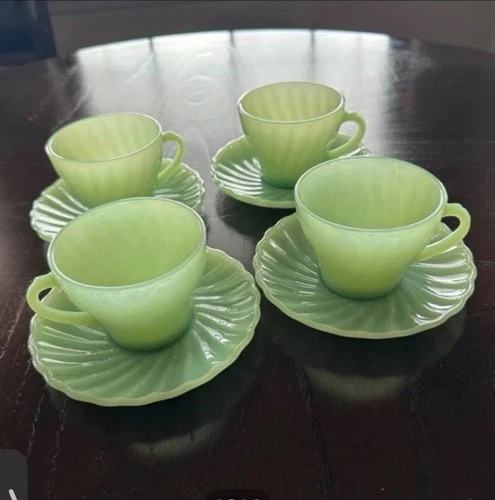 4 Sets Anchor Hocking Fire King Jadeite Swirl Shell Tea Cup Saucer Set of 4 VTG