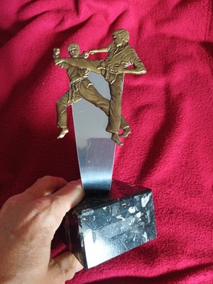 Pokal Trophäe Marmorquader Metall silber Taekwondo Budo Karate Emblem Bronze  