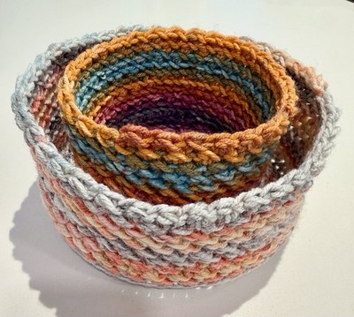 Handmade Crochet Basket Set 2 Boho Multicolor Yarn Storage Bowl Organizer Decor