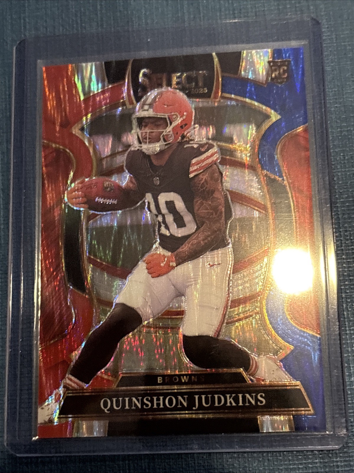 2025 Panini Select Quinshon Judkins Red & Blue Shock Prizm RC. Browns