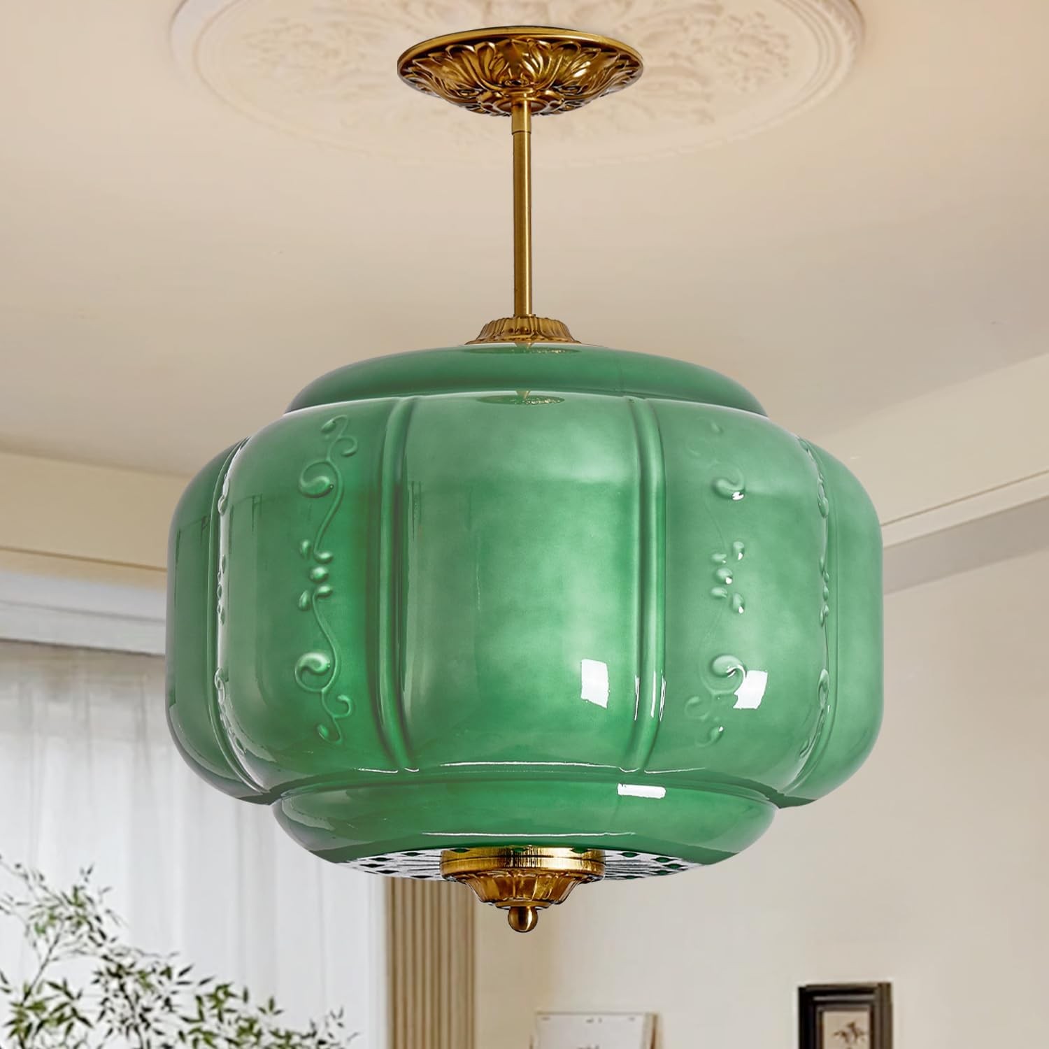 Vintage Green Milk Glass Pendant Light with Antique Brass for Home Decor