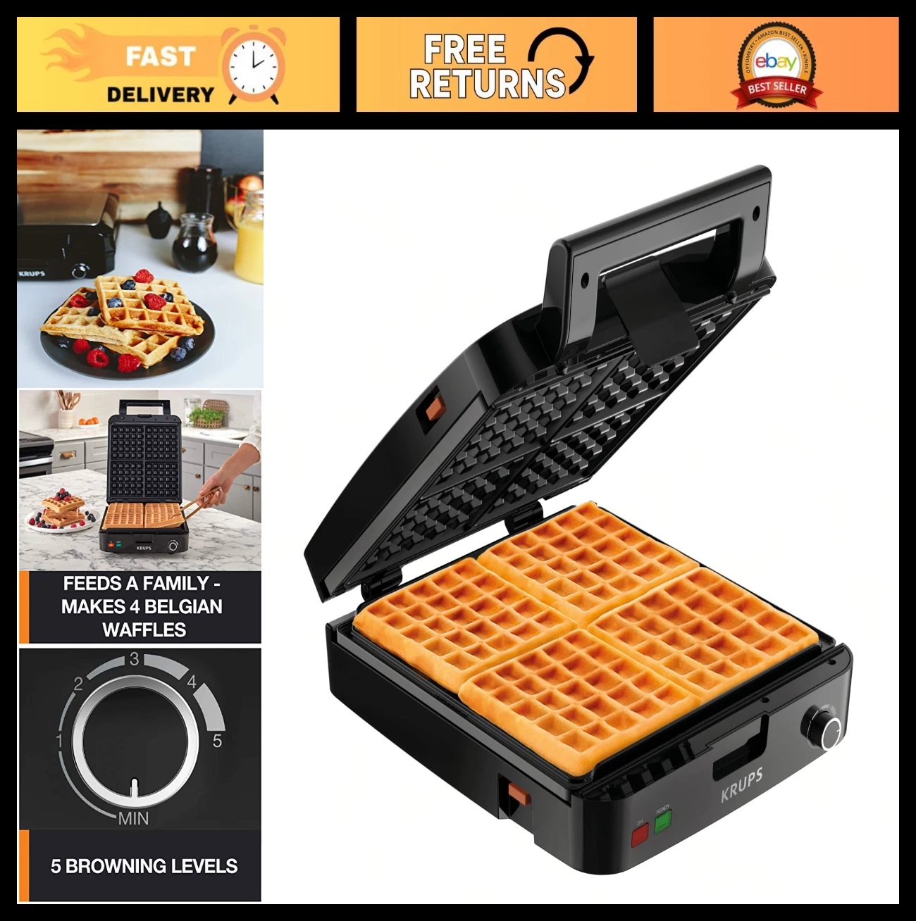 4-Slice Belgian Waffle Maker - Stainless Steel, 5 Browning Levels, Removable Pla