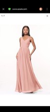 Azazie Keyla Dress Chiffon Sz A8 Rosette Pink Bridesmaid Formal V-Neck Ruched
