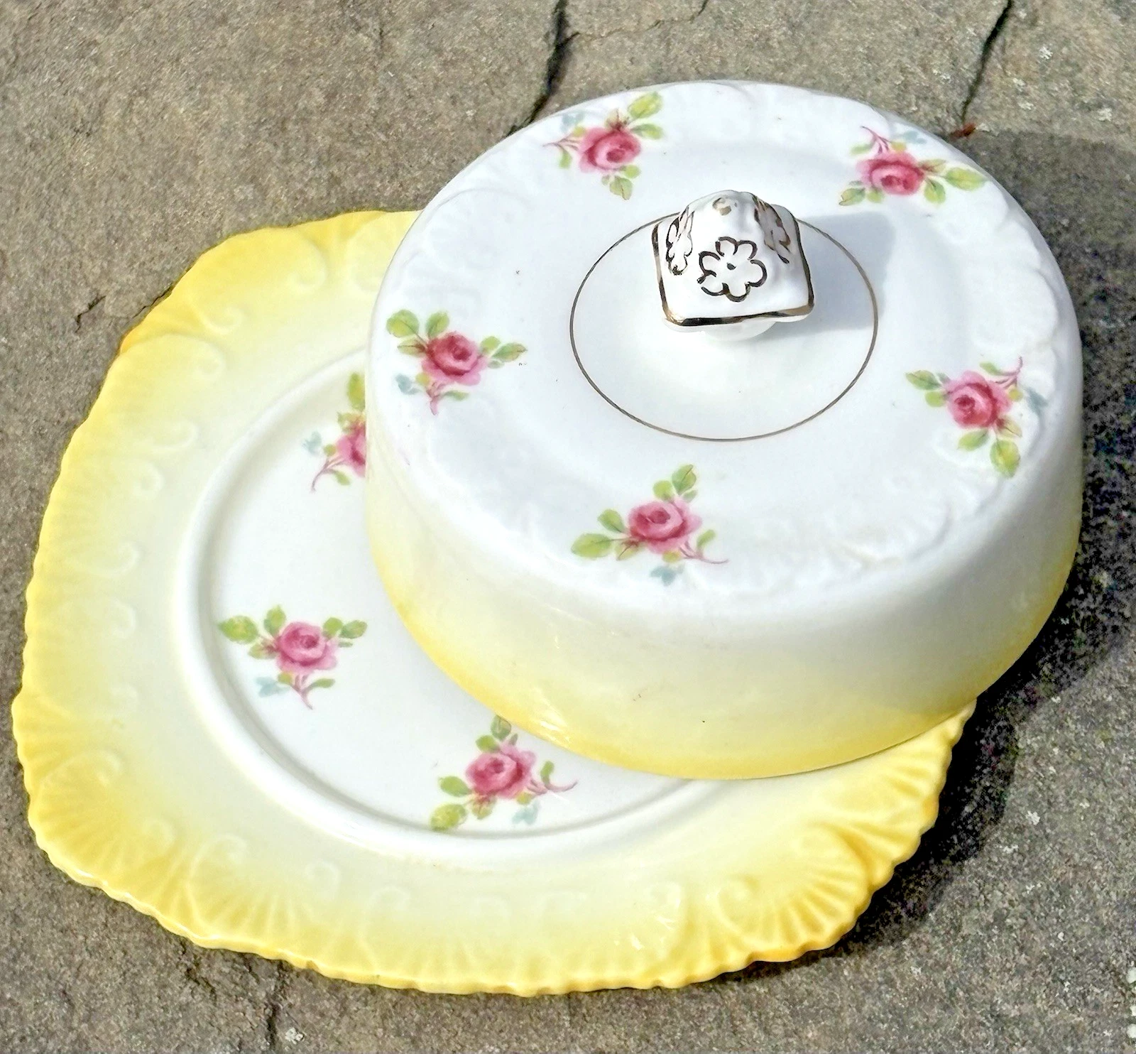 Vintage Royal Stafford Covered Butter Dish yellow Trim With Roses & Gold Accents