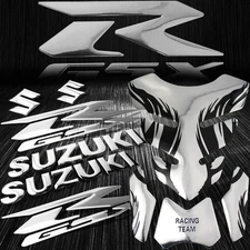 Chrome+Black Tribal Fire Gas/Fuel Tank Pad+3D 6" Logo&Letter+GSXR Emblem Sticker