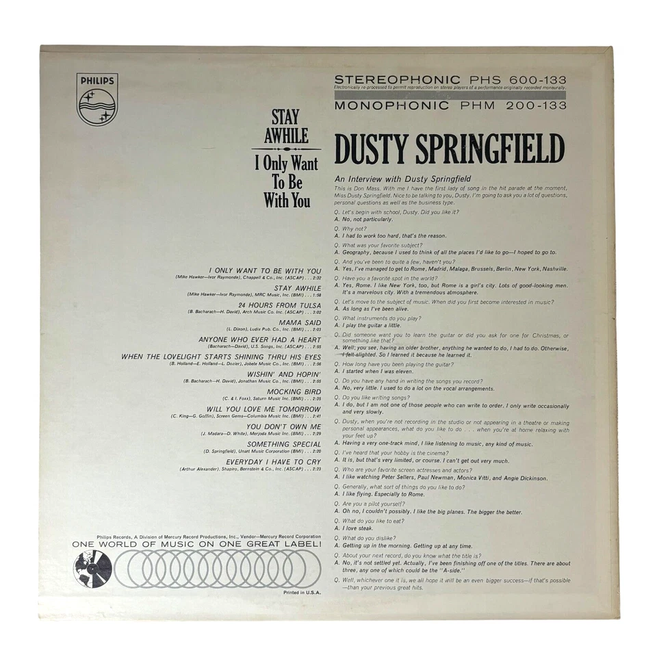 Dusty Springfield - Stay Awhile 1964 Vinyl LP Record Stereophonic PHS-600-133 - Image 3 of 4