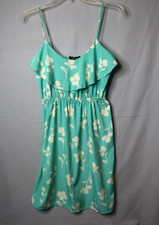Floral Spaghetti Strap Stretch Dress Womens Small Teal Cream USA Made Soprano