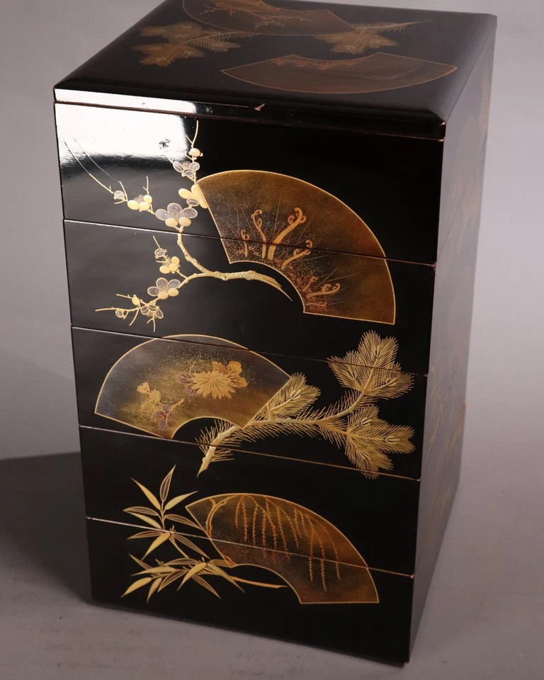 Fiambreras japonesas de cinco niveles de laca 13,19 pulgadas Jubako grúas y ventiladores Fuji Foto 4 de 4