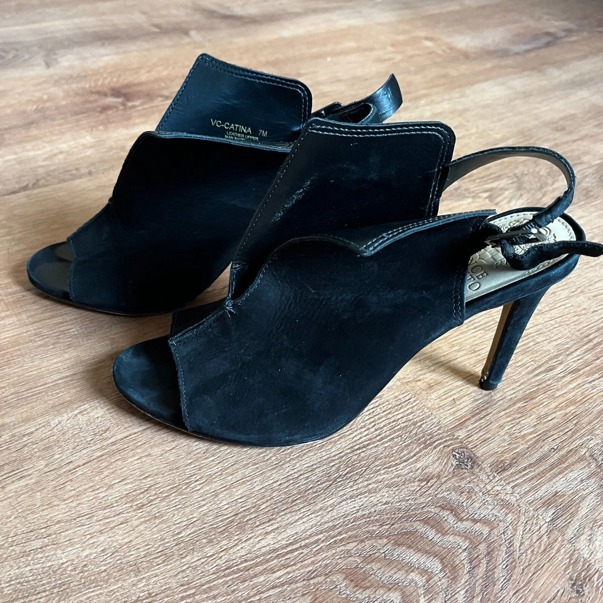 Vince Camuto Catina Black Suede Heels Women s 7M Peep Toe Sling Back