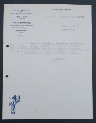 Rechnung 1946 RHUM NEGRITA BARDINET SALAMBO RUSAIL BORDEAUX old bill Rechnung 7