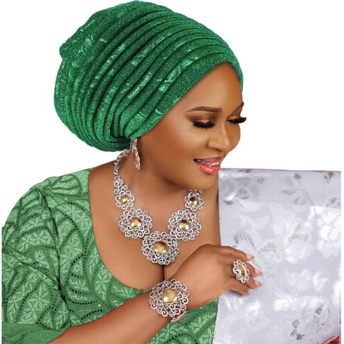 Cappello turbante donna nigeriano hijab berretto Aso Oke africano cravatta automatica gel matrimonio - Foto 9 di 34