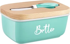 ALELION Turquoise Butter Dish with Lid and Knife for Countertop, Ceramic Butter 