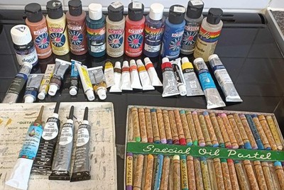 Acryl, Aquarelle, Glasfarbe, Pastelltöne verschiedene Fabrikate Kunst Konvolut Bulk Lot i