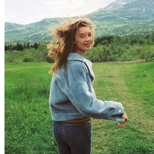 New Anthropologie Sherpa Swan Zipper Coat by FRNCH $198 Blue MEDIUM Ultra Soft