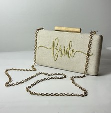 Wedding BRIDE Linen Clutch Cross Body Purse Removable Gold Chain Embroidered