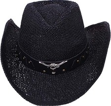 Livingston Men Women's Woven Straw Cowboy Hat w/Hat Band - OS, Black