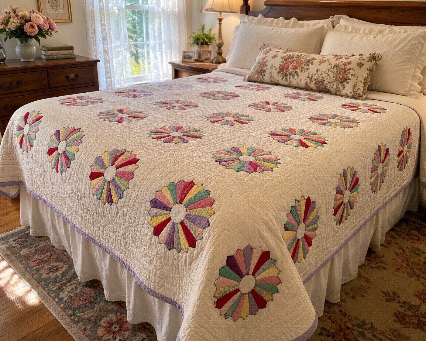 Vintage Dresden Plate Quilt Handmade Hand Quilted Applique 62x78 Estate Find