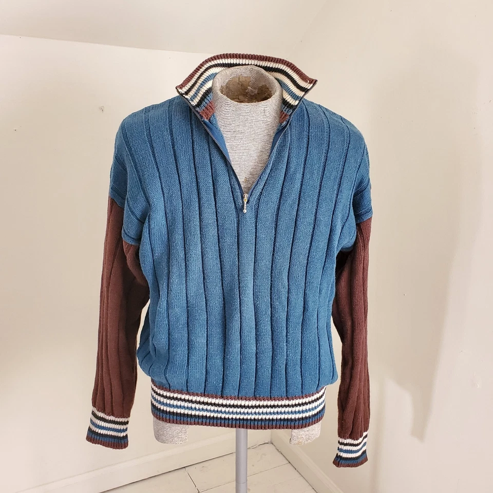 90s Vtg Blue & Brown Colorblock Mockneck Preppy Sweater Size M - Image 4 of 4