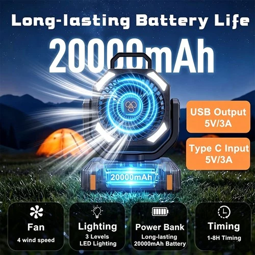 20000mAh Rechargeable Camping Fan – Portable Outdoor Tent Fan with LED Light,a