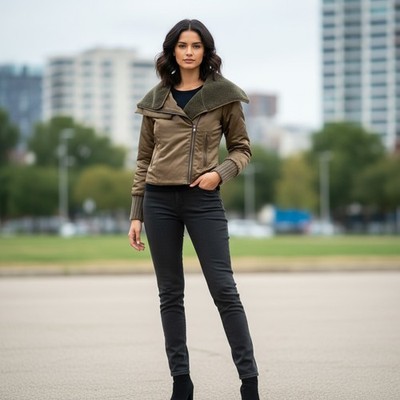 MAX MARA Satin Shearling Short Moto Jacket 2 Olive Green Removable Collar