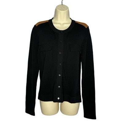 Gerard Darel Paris Black Tan Crew Neck Cardigan Jacket Preppy Women's Large