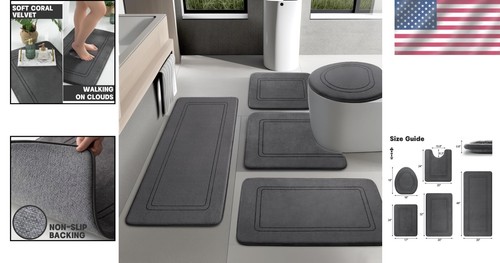 5-Piece Dark Grey Non-Slip Bath Mat Set - Machine Washable & Durable Memory Foam - Picture 2 of 9