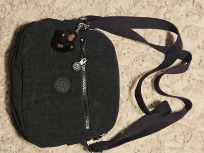 Kipling Small Black Nylon Crossbody Bag Purse W/ Monkey Charm & Adjustable Strap