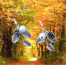 Earrings Autumn Fall Season Silver Pinecone Leaf White Pearl Fishhooks 1 7/8"