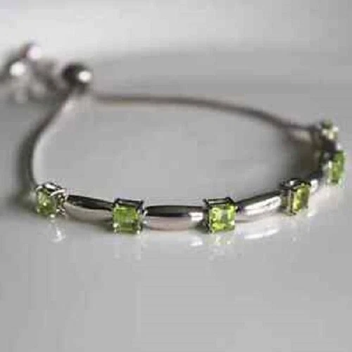 2Ct Princess Cut Lab-Created Peridot Women's Bolo Bracelet 14K White Gold Finish - Image 3 of 4