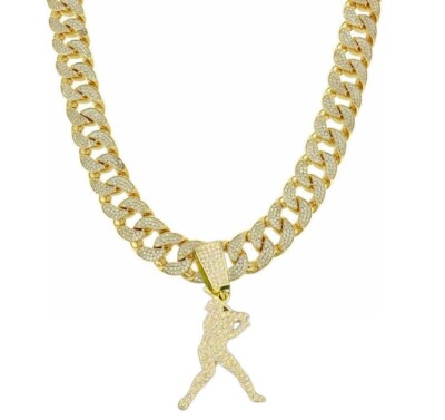 14K Gold Plated Iced CZ 18mm Cuban Link 30'' Drip Chain + Baseball Player Pendant