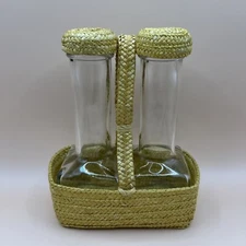 VTG Italian Sea Grass Weave Basket Carrier Oil/Vinager Set Picnic Pierce Glass