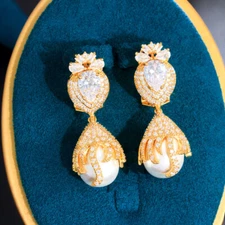 Women Cute Gold Plated Wedding Cubic Zirconia Long Pearl Drop Earrings for Bride
