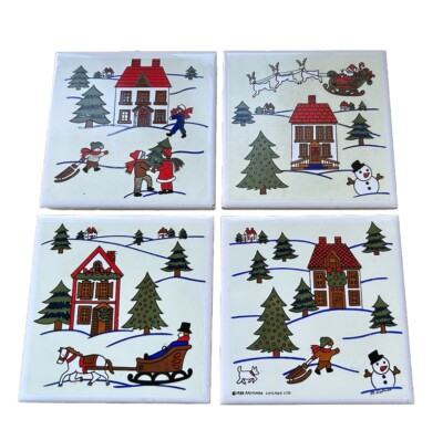 Vintage Artmark Christmas Winter Scene Tile Trivets 1988 4.5 x4.5  Open Box.