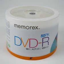 Memorex DVD-R 16X 4.7GB 120Min Eco Spindle Base Discs, 50 Pack, Brand New Sealed