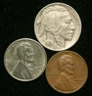 Old US Coin Estate Lot Buffalo Nickel Steel Cent Wheat Cent 3 Coin Set