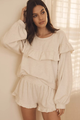 NWT ANTHROPOLOGIE RUFFLE YOKE SWEATSHIRT PULLOVER LOUNGE TOP LIGHT SAND XL