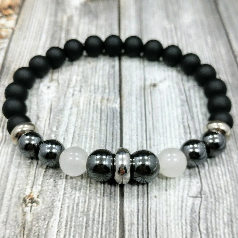 Pulsera para hombre 8"L ACERO INOXIDABLE 8mm piedra lunar+ónix+piedras preciosas de hematita con cuentas Foto 3 de 4