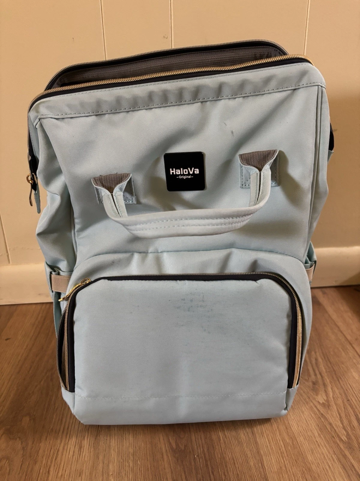 HaloVa Light Blue Diaper Bag Backpack with Multiple Sections and Inner Pockets