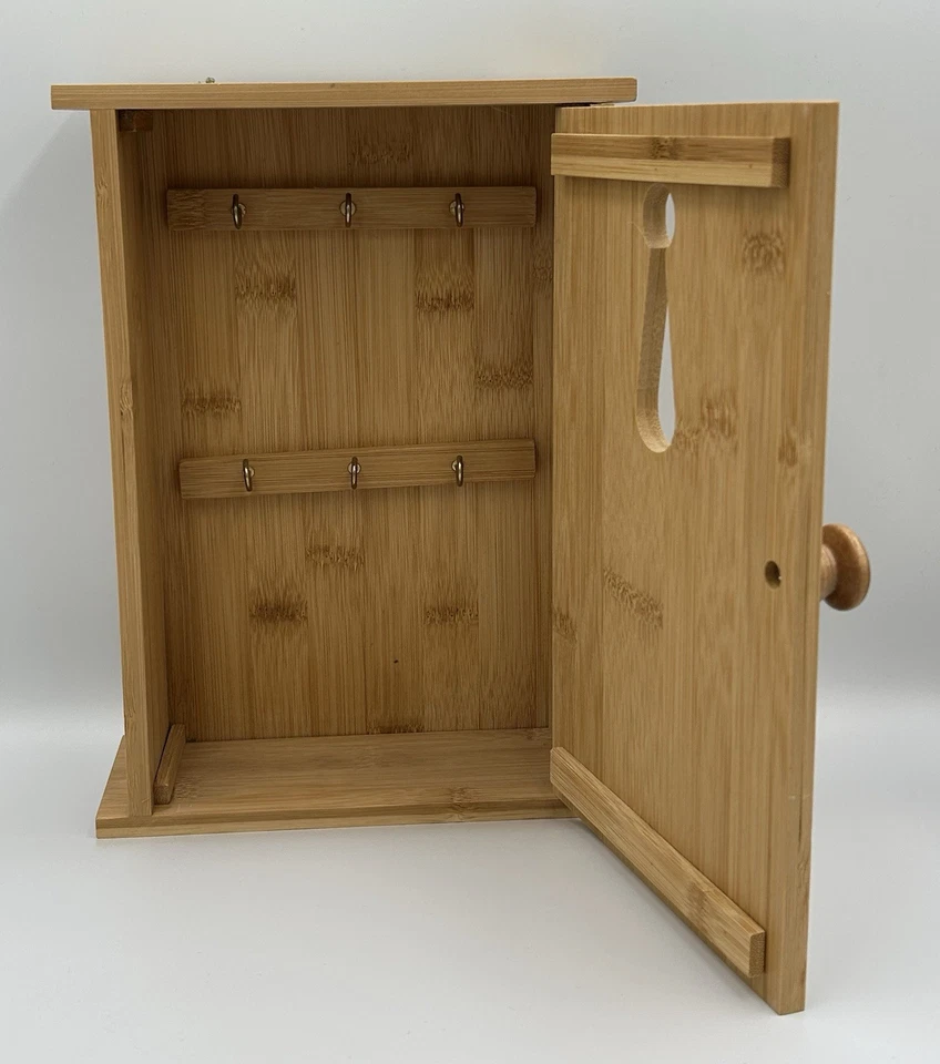 Hangable Bamboo Wood Key Holder House/Car Key Storage Cabinet 6 Hook - Image 3 of 4