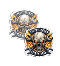 Flaming Skull and Wrench Retro Garage Stickers Hot Rod Decal Made in USA 2 PACK