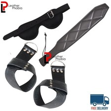 Leather Wrist Cuffs Restraints Set with Riding Crop Paddle  Adjustable Mask