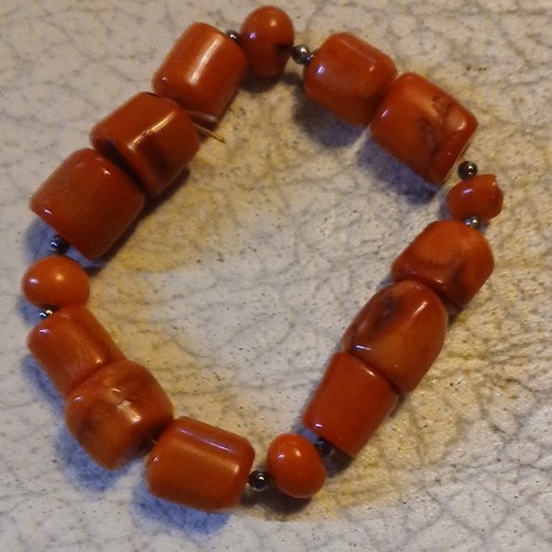 Coral Bracelet Stretch Signed Barse 925 China