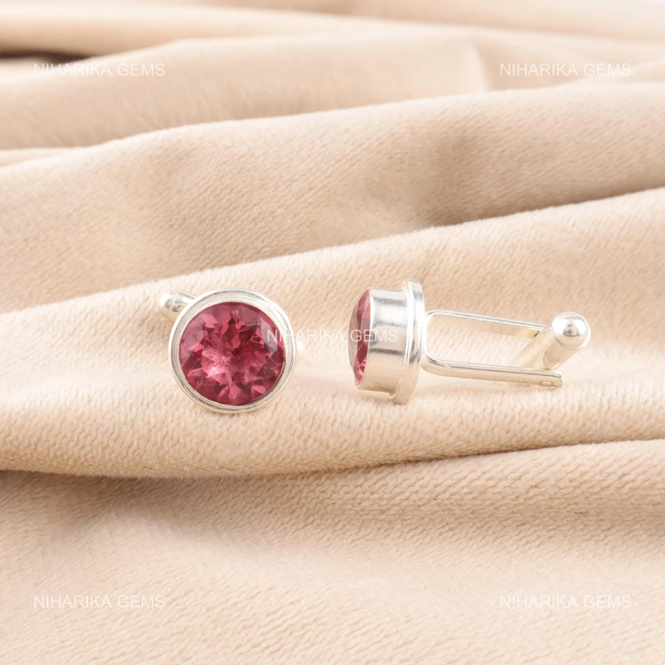 Sterling Silver Pink Tourmaline Gemstone Modern Christmas Fathers Cufflinks - Image 3 of 4
