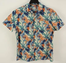 Fair Harbor Mens Medium Cream Blue Green Orange Floral Light Stretch Camp Shirt