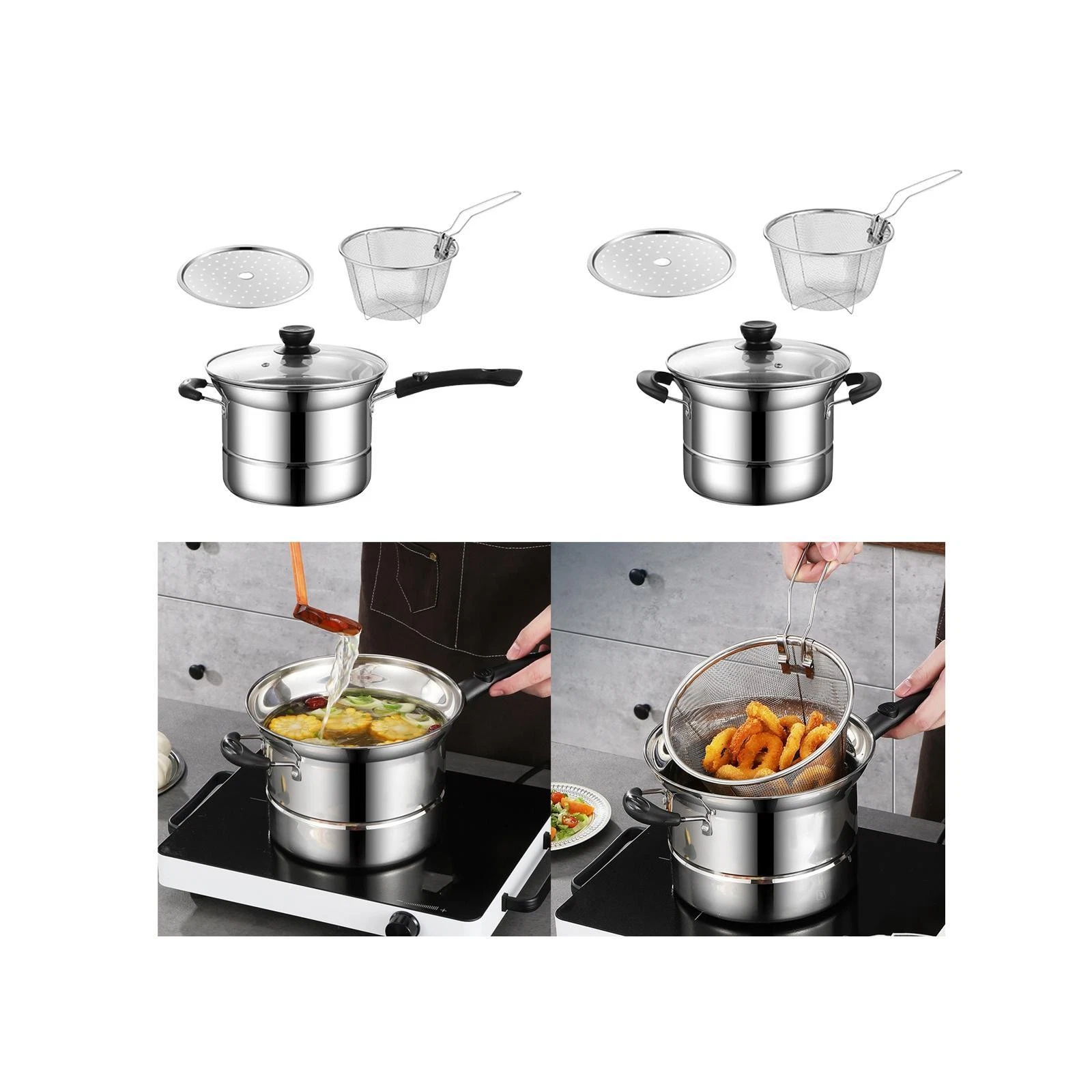Stainless Steel Saucepan Strainer Basket Multipurpose Ergonomic Handle Sauce Pot