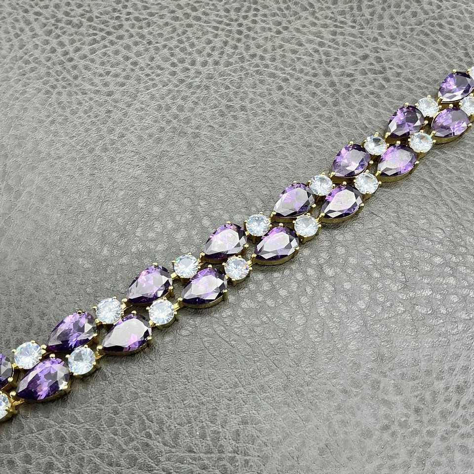 Brazalete Disfraz Eslabón Cristal Lágrima Amatista Tono Dorado Corte Pera Mujer 8" Foto 3 de 4