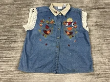 Bobbie Brooks Top Womens XL Blue Denim Scarecrow Autumn Short Sleeve Button Up