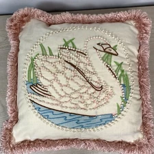 Vtg French Knot Embodied Swan Throw Pillow Beige 11” Pink Fringe Waved Back