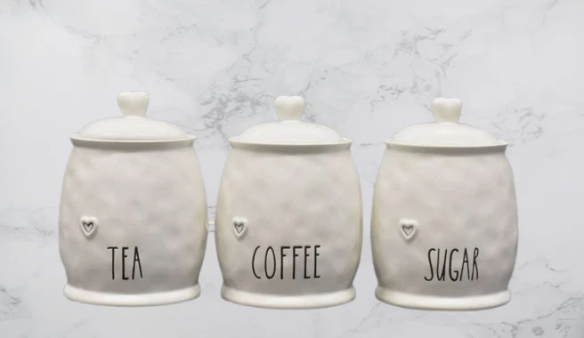 Set of 3 Canister Tea Coffee & Sugar White Storage Jars Heart Shabby Chic Gift